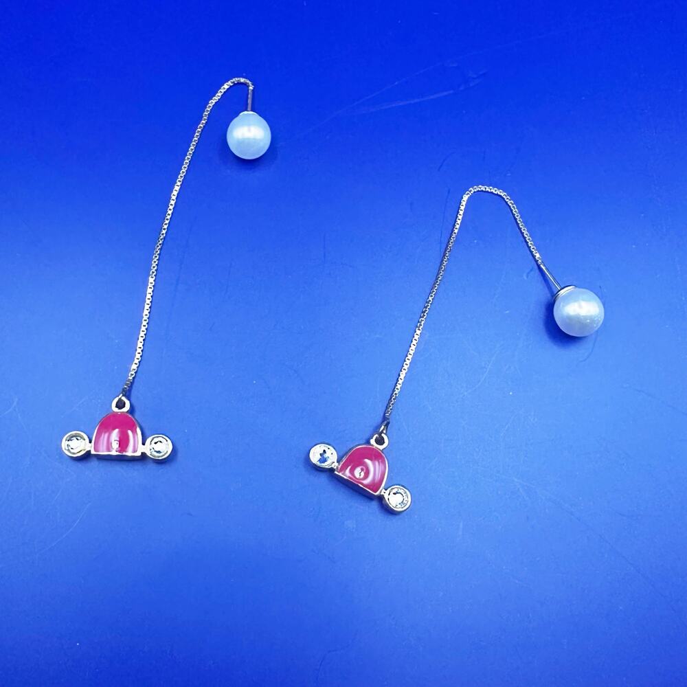Mickey Mouse Red Enamel Threader Earring Faux Pearl 925 S925 Post Gold Vermeil
